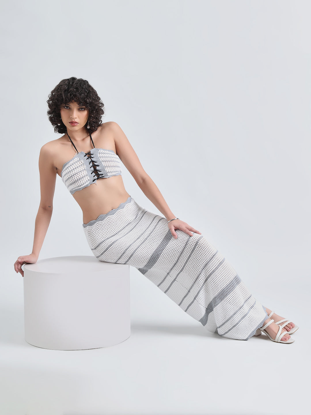 Women's Striped Grey & White Crochet Tie-Up Top and Maxi Skirt Co-Ords