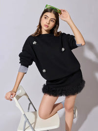 Women's Embellished Black Sweatshirt and Mini Skirt Co-Ord Set