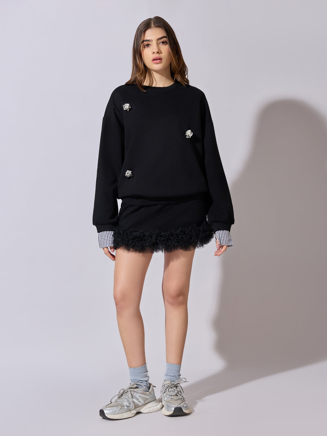 Women's Embellished Black Sweatshirt and Mini Skirt Co-Ord Set