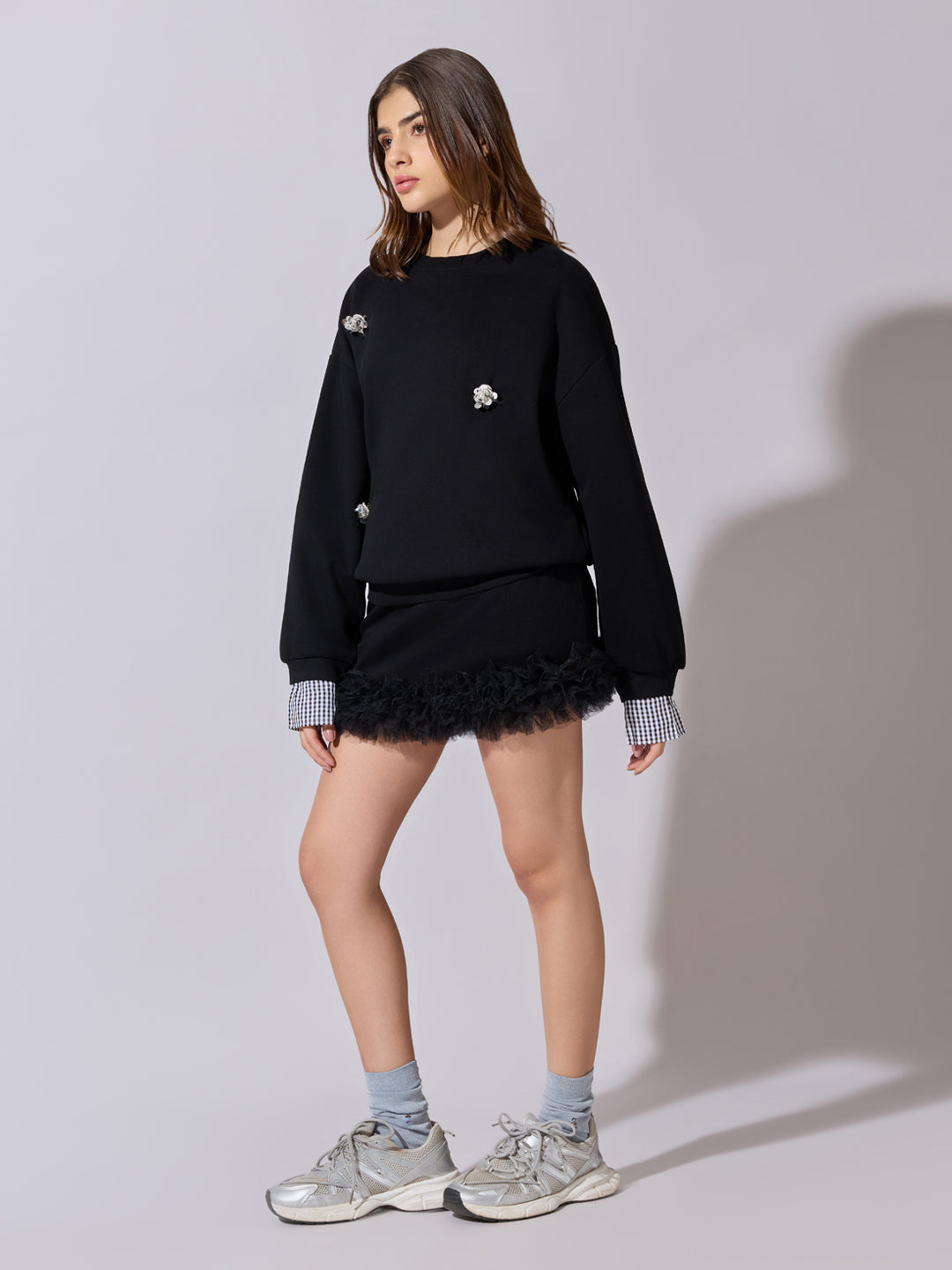 Women's Embellished Black Sweatshirt and Mini Skirt Co-Ord Set