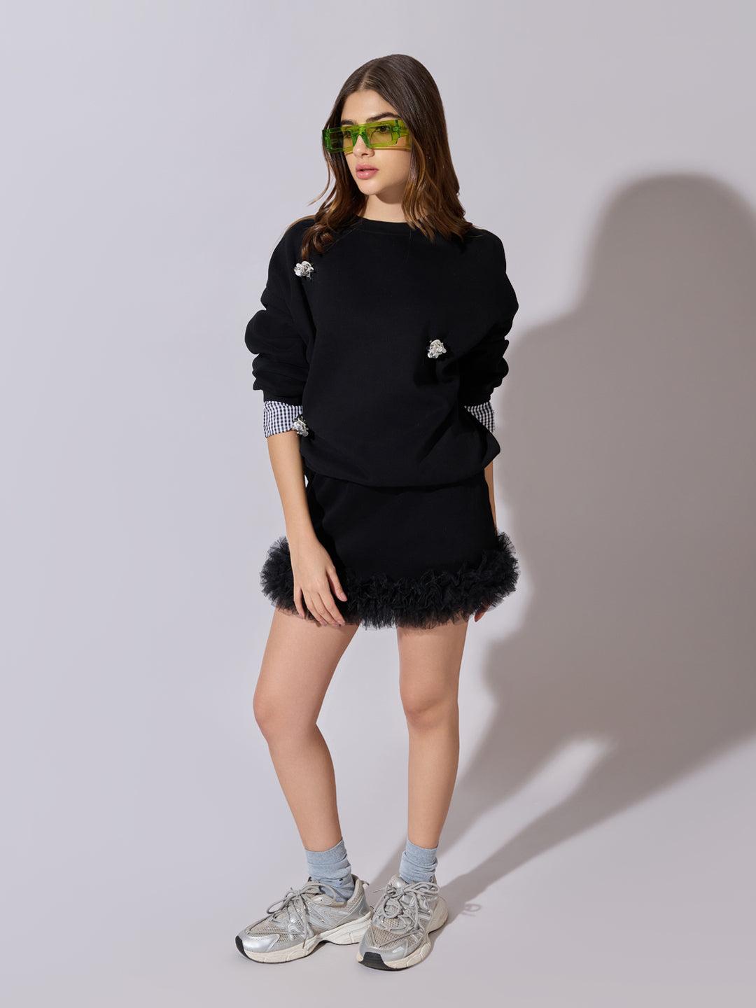 Women's Embellished Black Sweatshirt and Mini Skirt Co-Ord Set