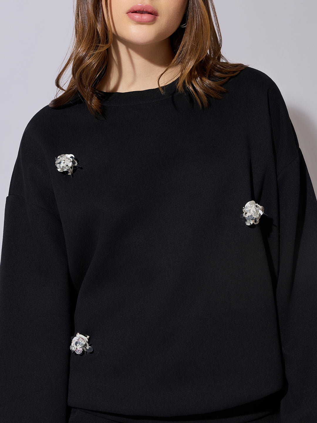 Women's Embellished Black Sweatshirt and Mini Skirt Co-Ord Set