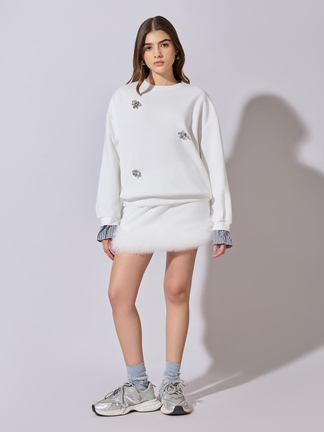 Women's Embellished White Sweatshirt and Mini Skirt Co-Ord Set