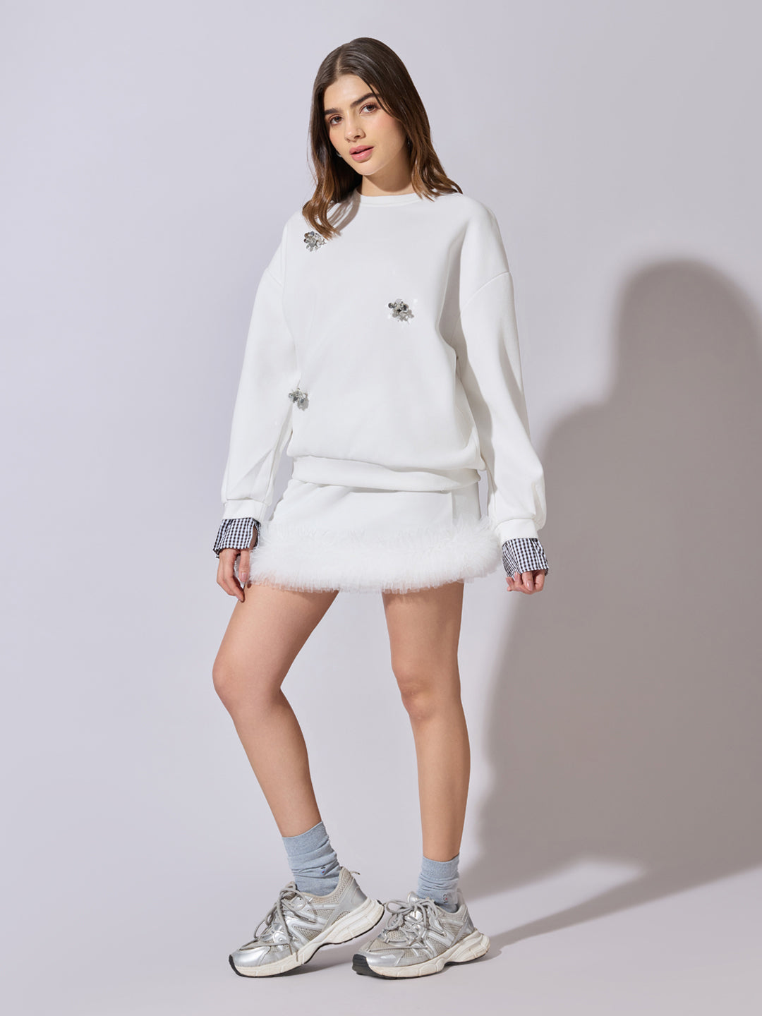 Women's Embellished White Sweatshirt and Mini Skirt Co-Ord Set