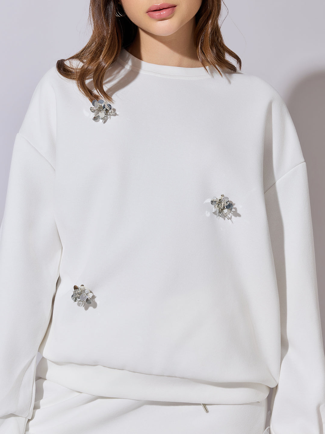 Women's Embellished White Sweatshirt and Mini Skirt Co-Ord Set