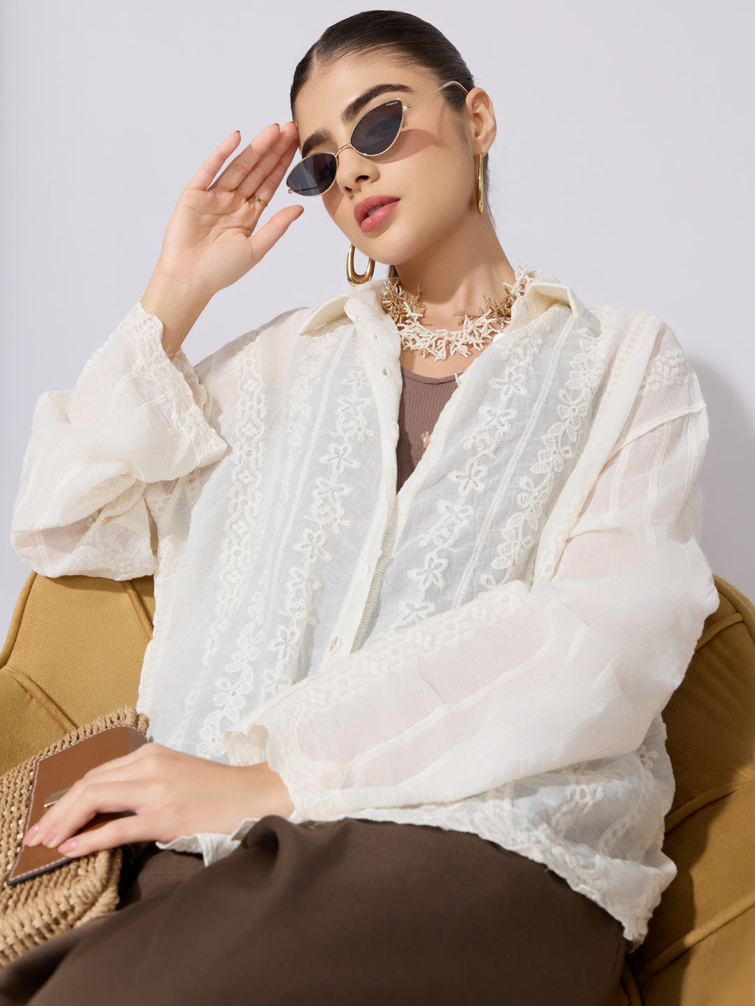 Women's Embroidered Cream Sheer Shirt