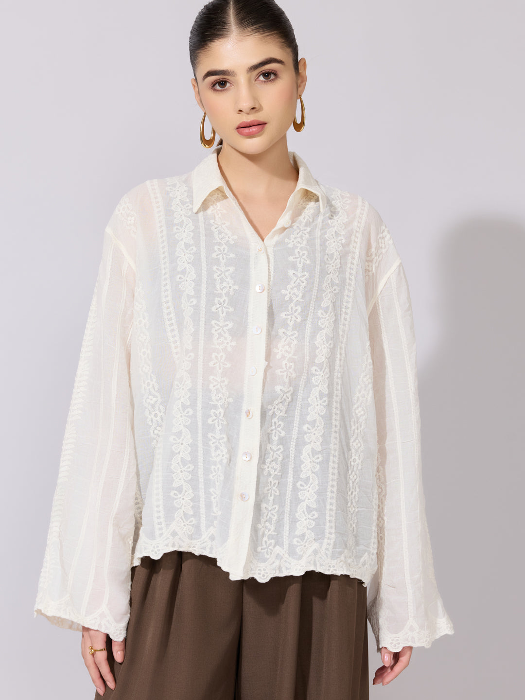 Women's Embroidered Cream Sheer Shirt