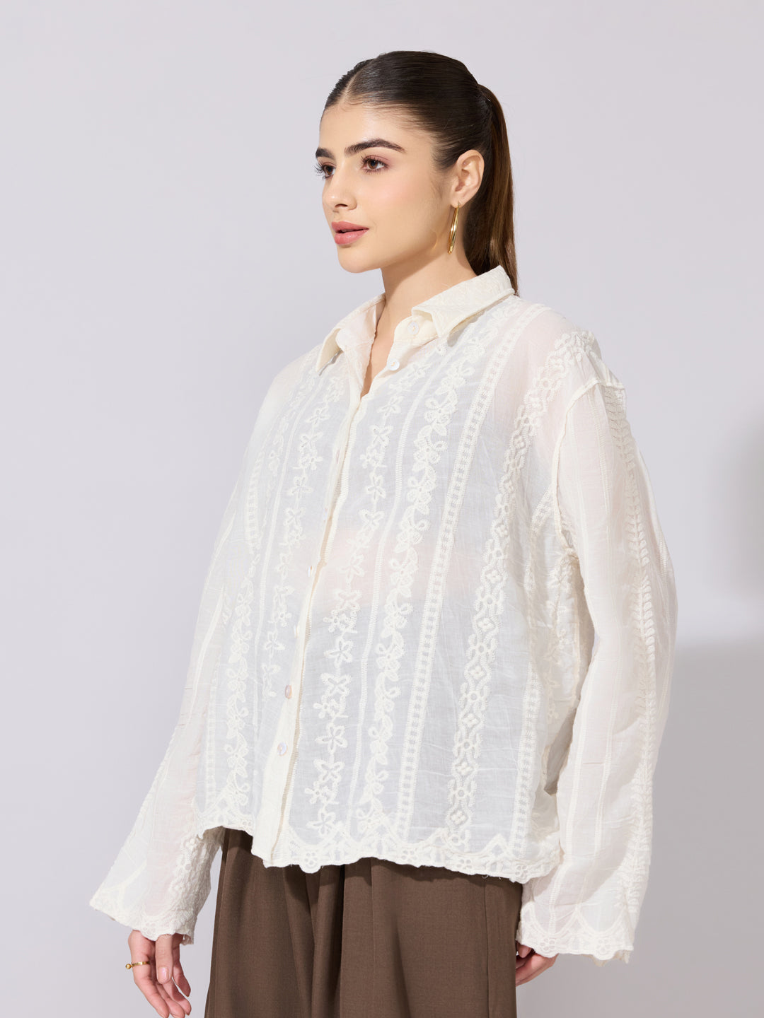 Women's Embroidered Cream Sheer Shirt