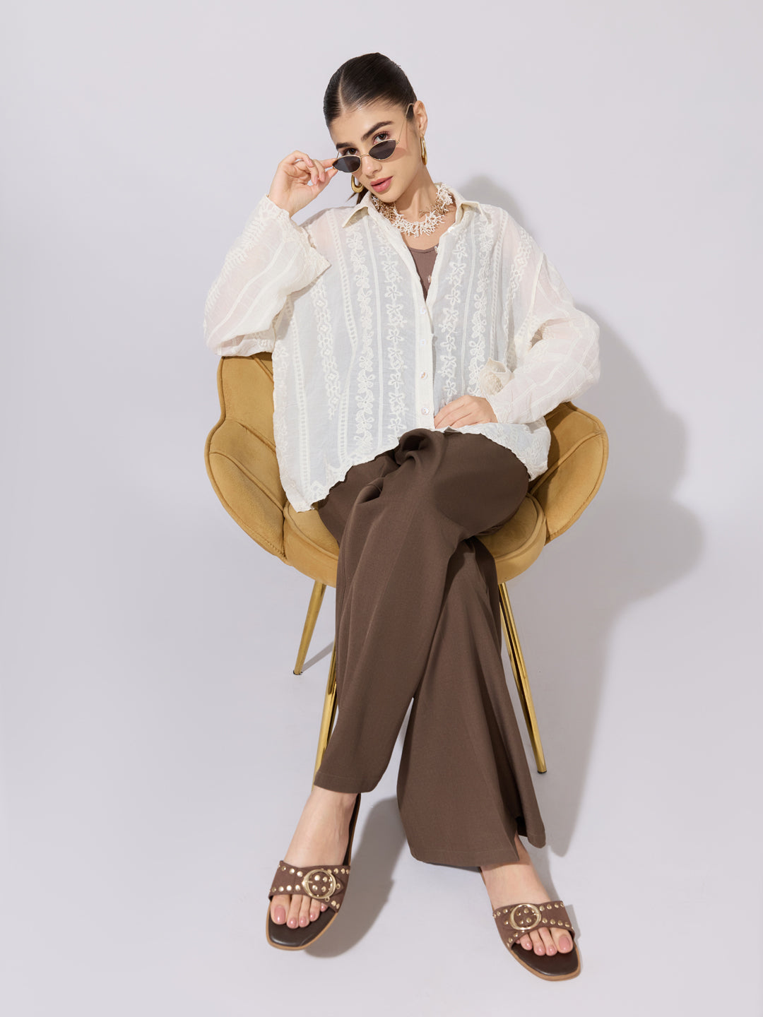 Women's Embroidered Cream Sheer Shirt