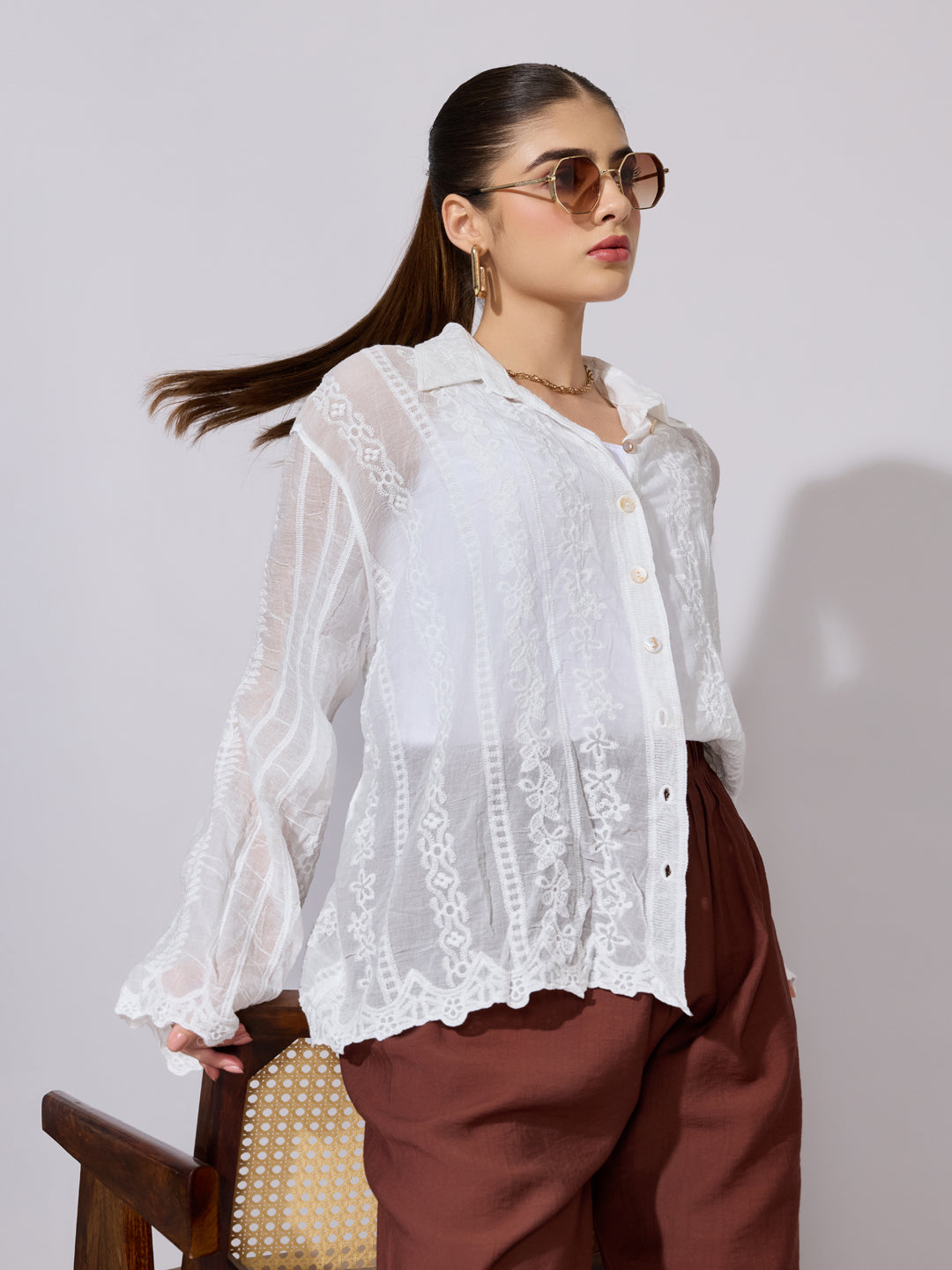 Women's Embroidered White Sheer Shirt