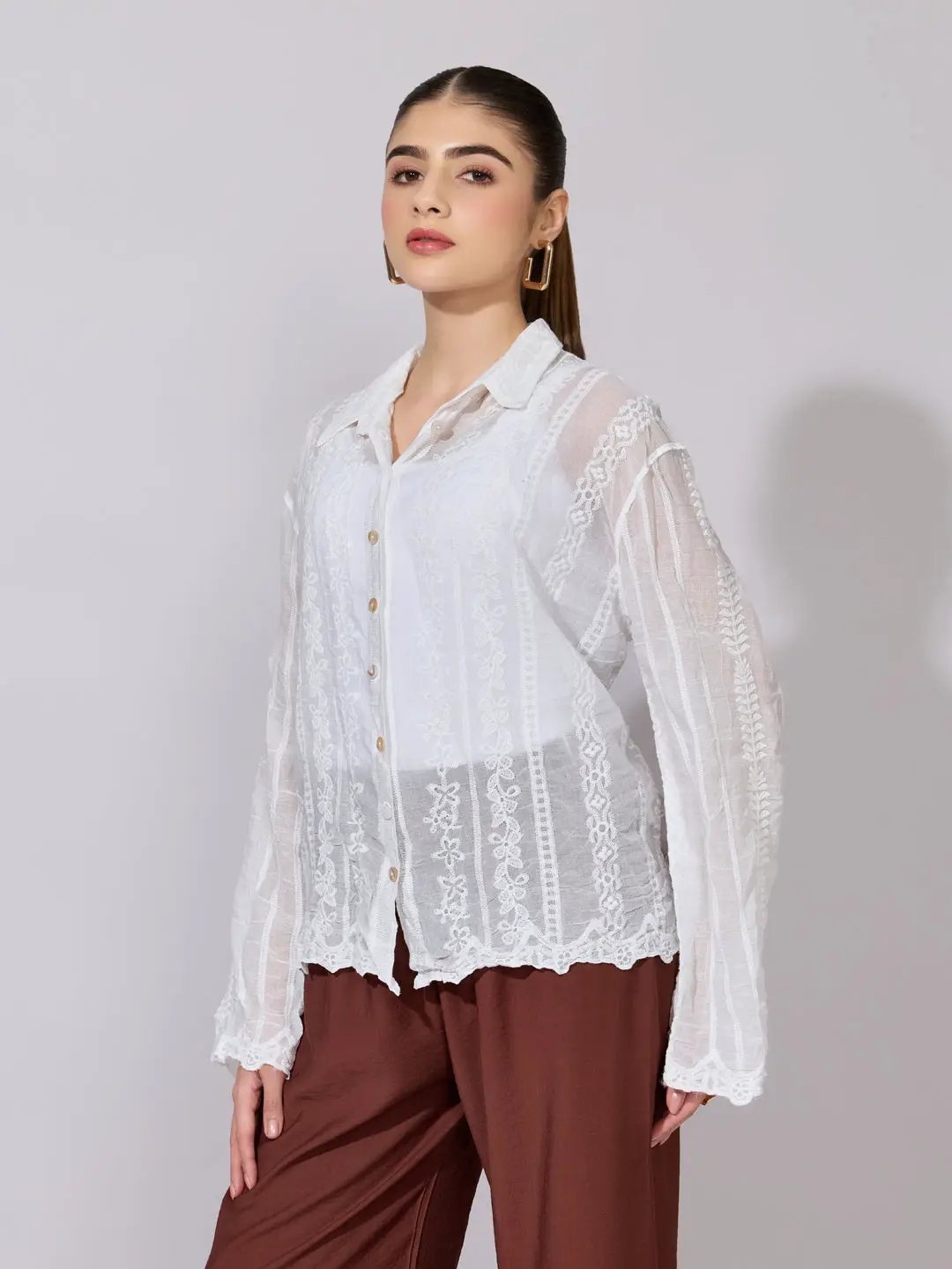 Women's Embroidered White Sheer Shirt - from SHOWOFFFF