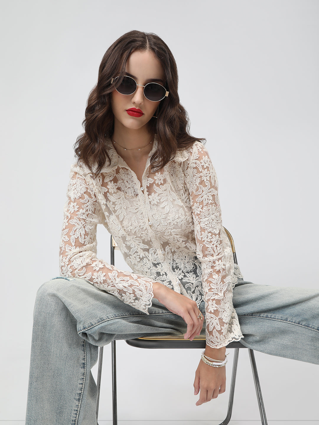 Women's Floral Cream Semi Sheer Top with Inner