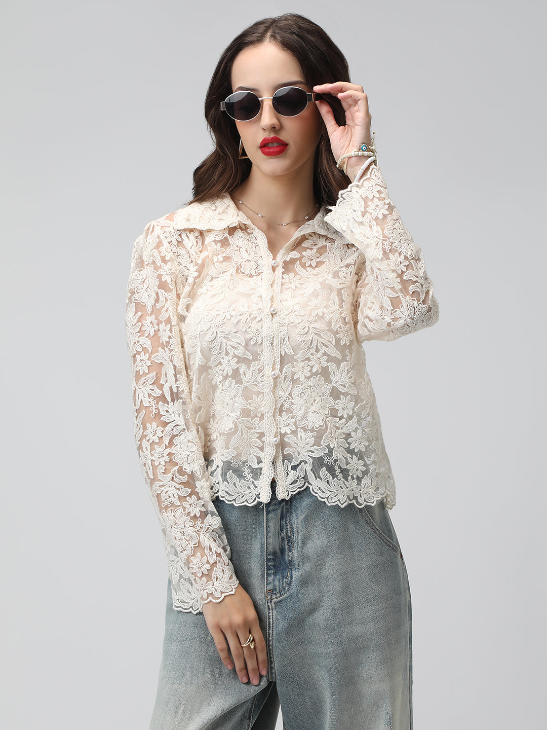 Women's Floral Cream Semi Sheer Top with Inner