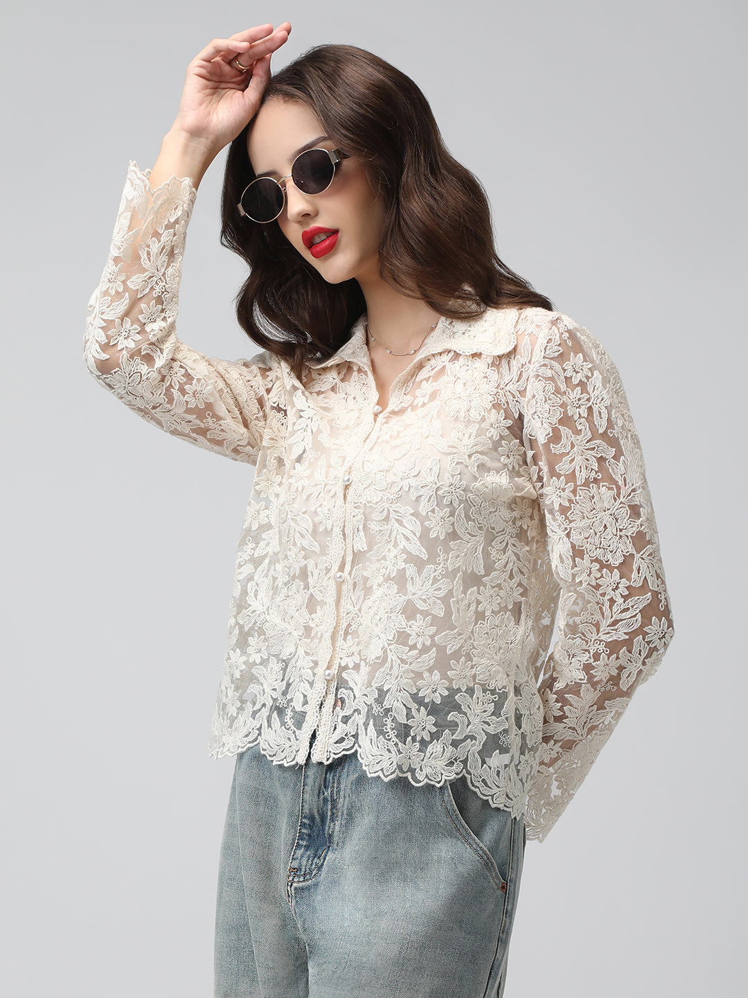 Women's Floral Cream Semi Sheer Top with Inner