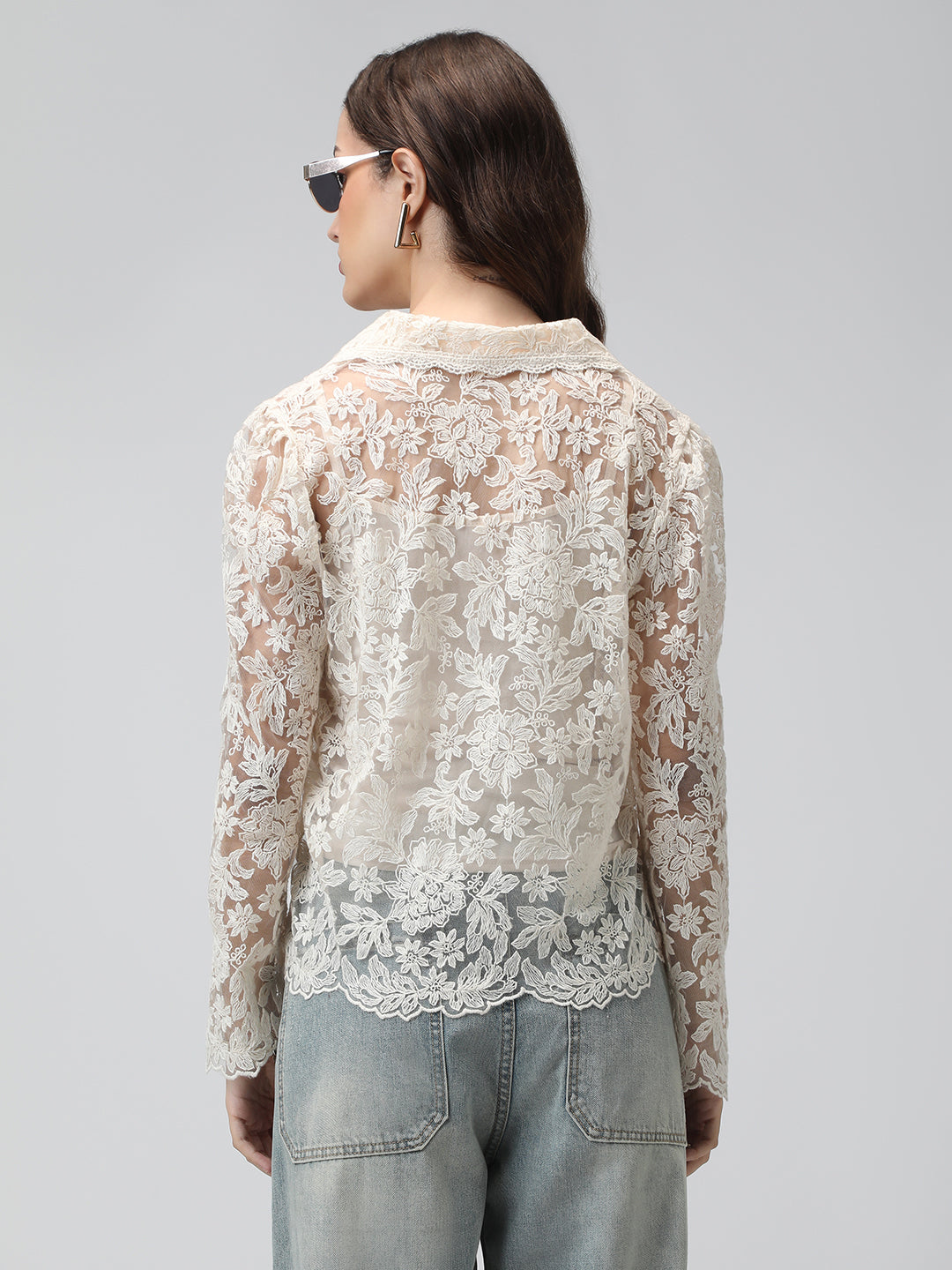 Women's Floral Cream Semi Sheer Top with Inner