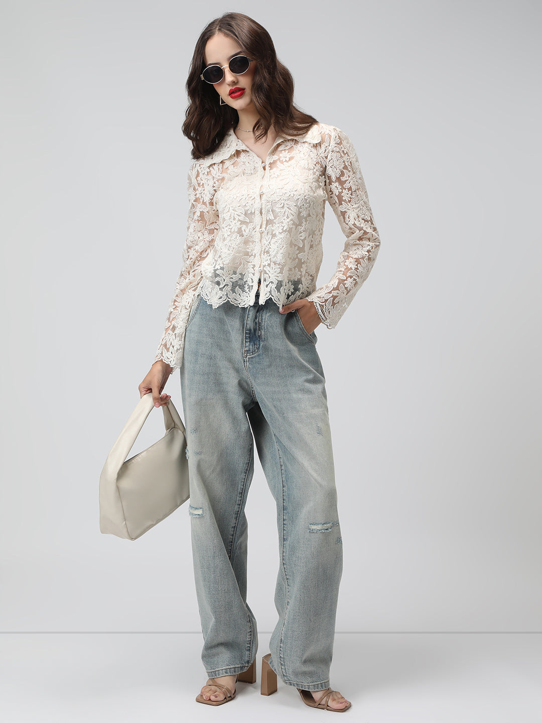 Women's Floral Cream Semi Sheer Top with Inner