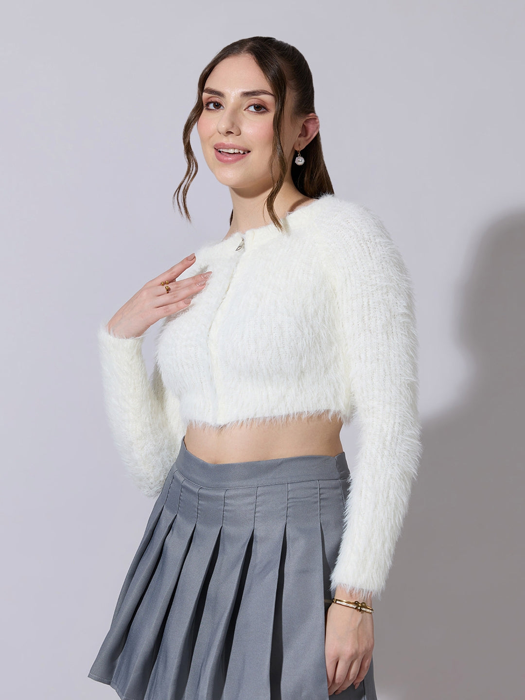 Women's Fuzzy Off White Crop Top with Zip Front