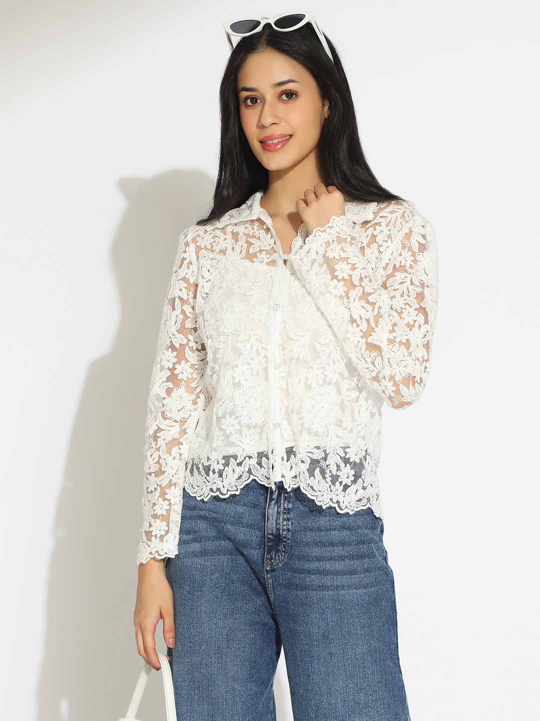 Women's Floral White Semi Sheer Top with Inner