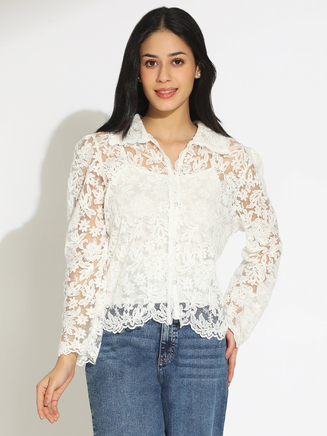 Women's Floral White Semi Sheer Top with Inner