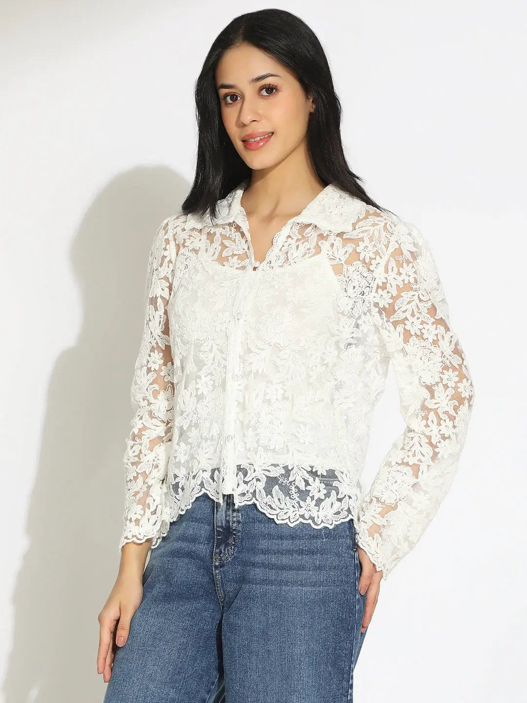Women's Floral White Semi Sheer Top with Inner - Uncategorized from SHOWOFFFF