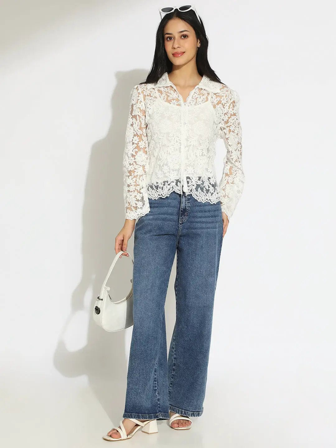 Women's Floral White Semi Sheer Top with Inner - Uncategorized from SHOWOFFFF