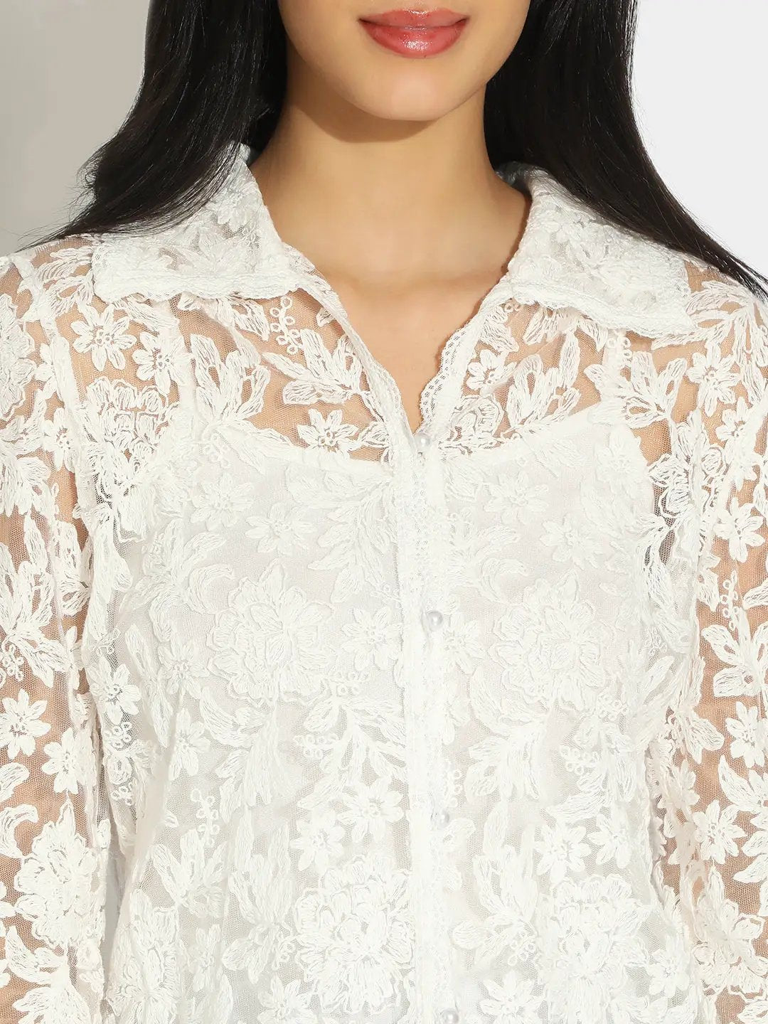 Women's Floral White Semi Sheer Top with Inner - Uncategorized from SHOWOFFFF