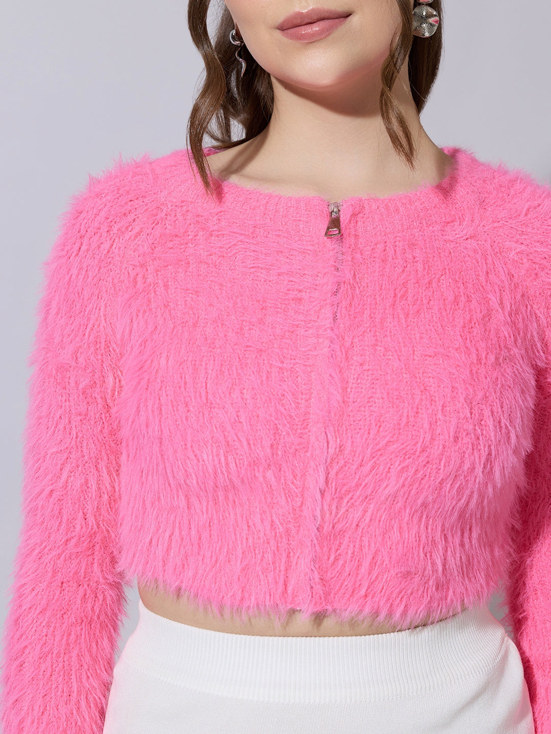 Women's Fuzzy Pink Crop Top with Zip Front