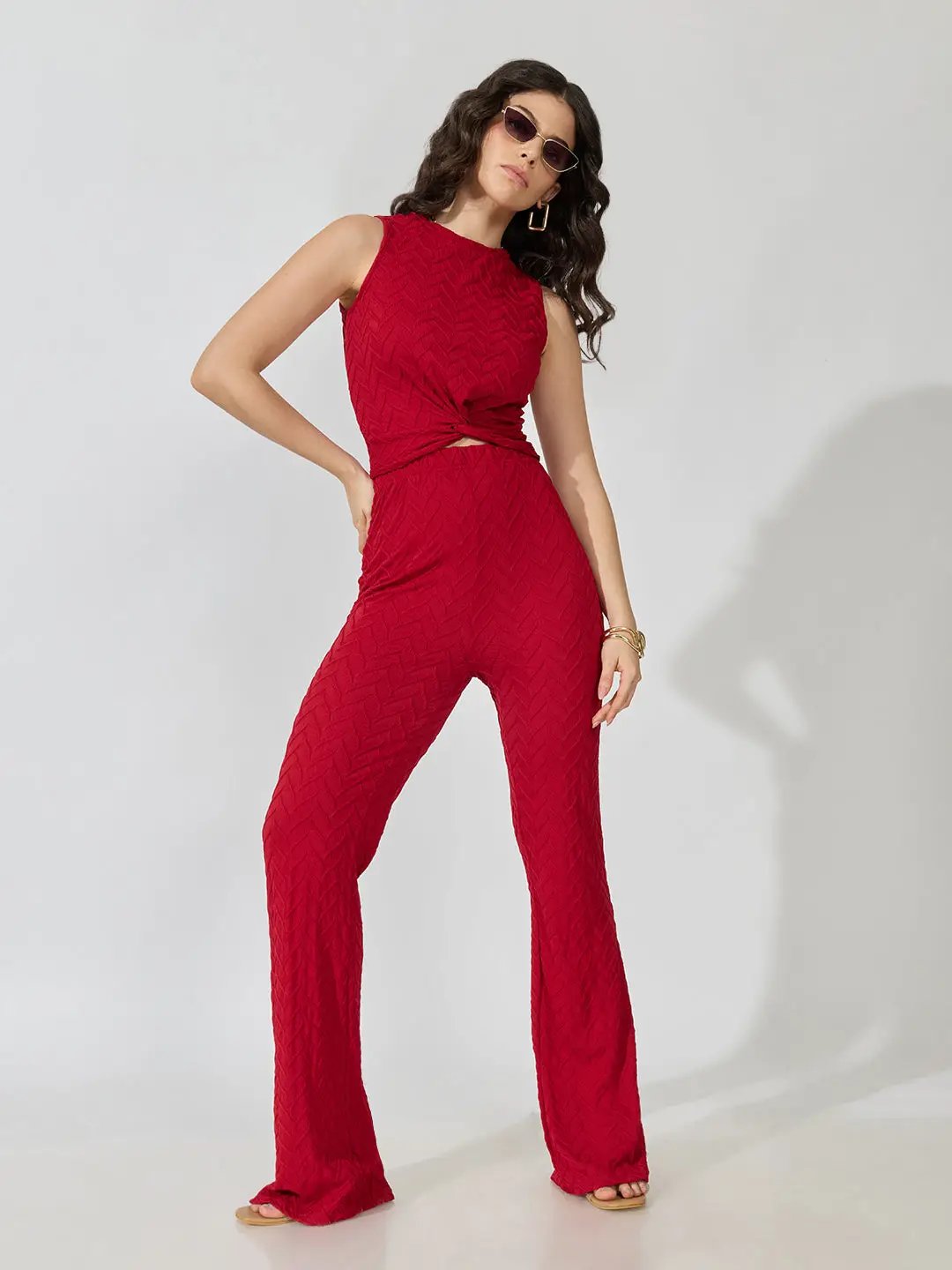 Women's Textured Red Top and Trouser Co-Ords Set - from SHOWOFFFF