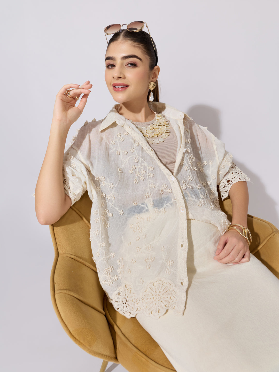 Women's Embroidered Cream Sheer Shirt