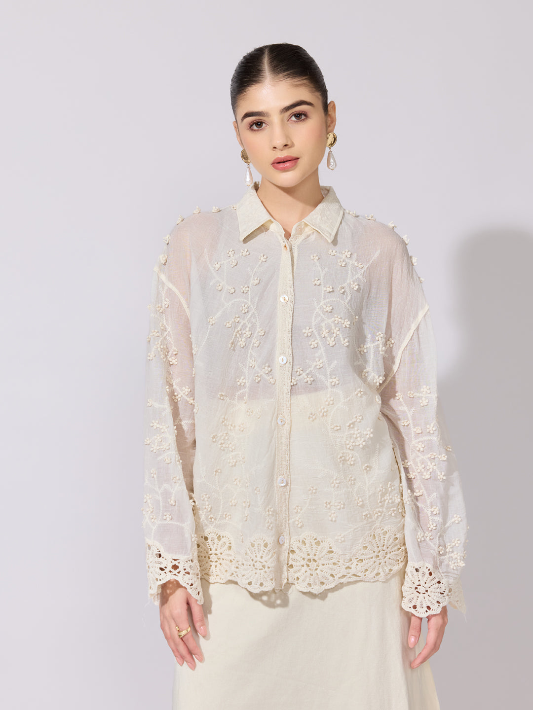 Women's Embroidered Cream Sheer Shirt