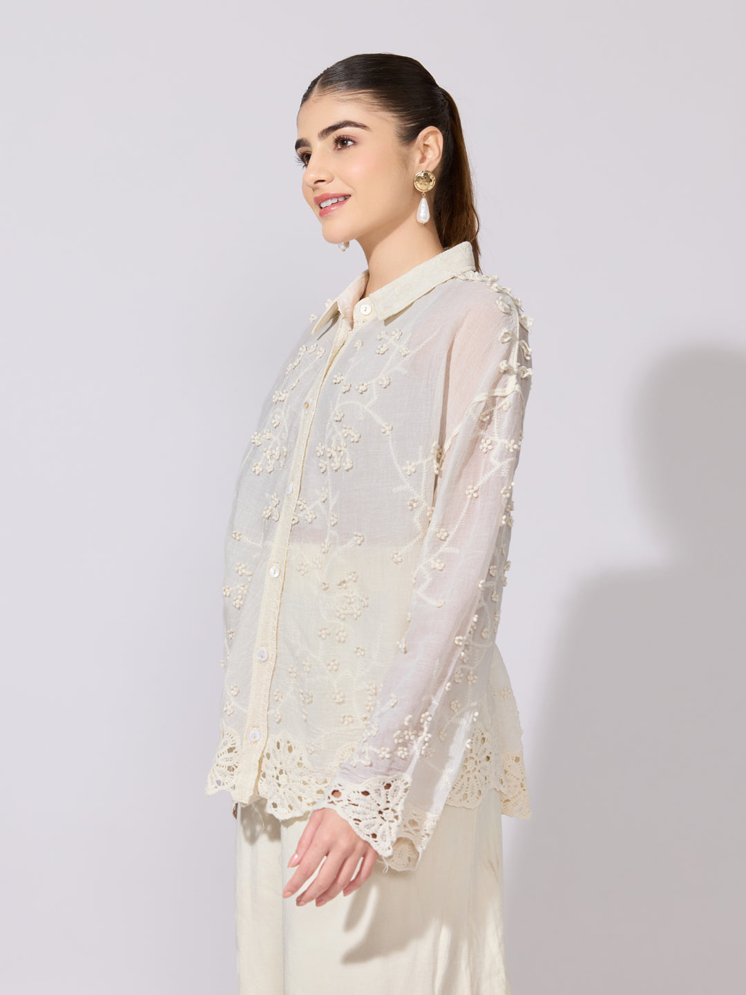 Women's Embroidered Cream Sheer Shirt
