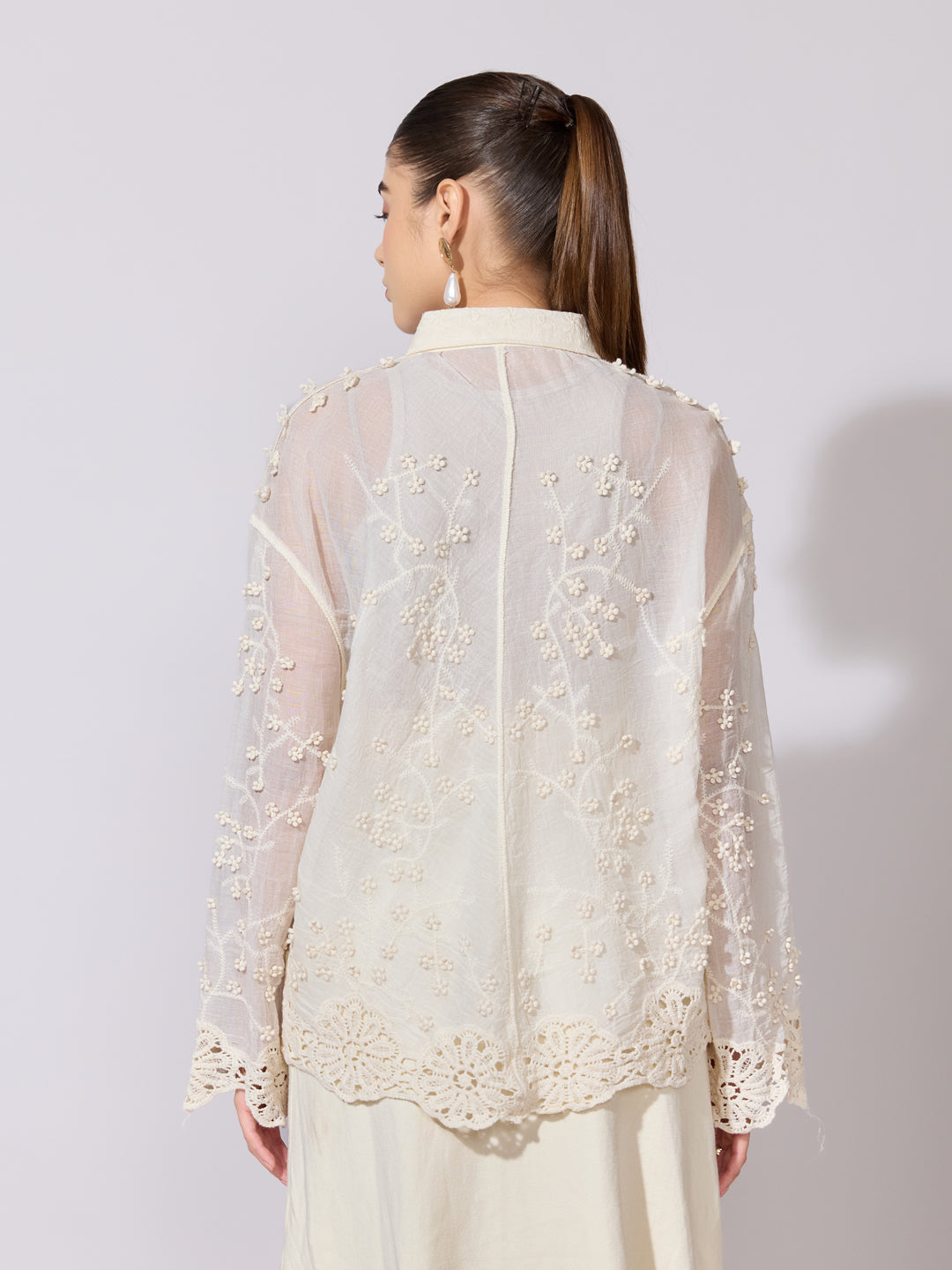 Women's Embroidered Cream Sheer Shirt