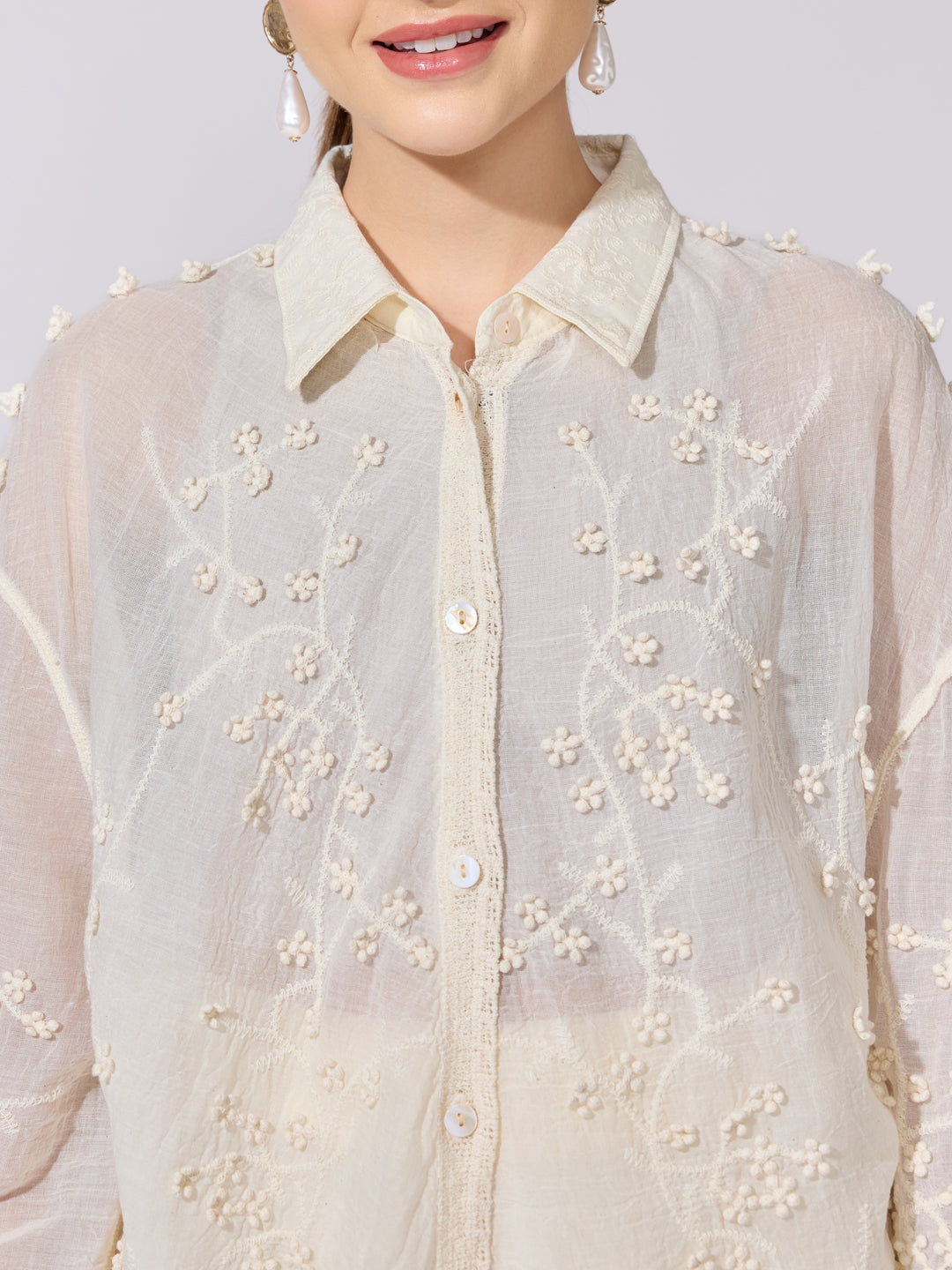 Women's Embroidered Cream Sheer Shirt
