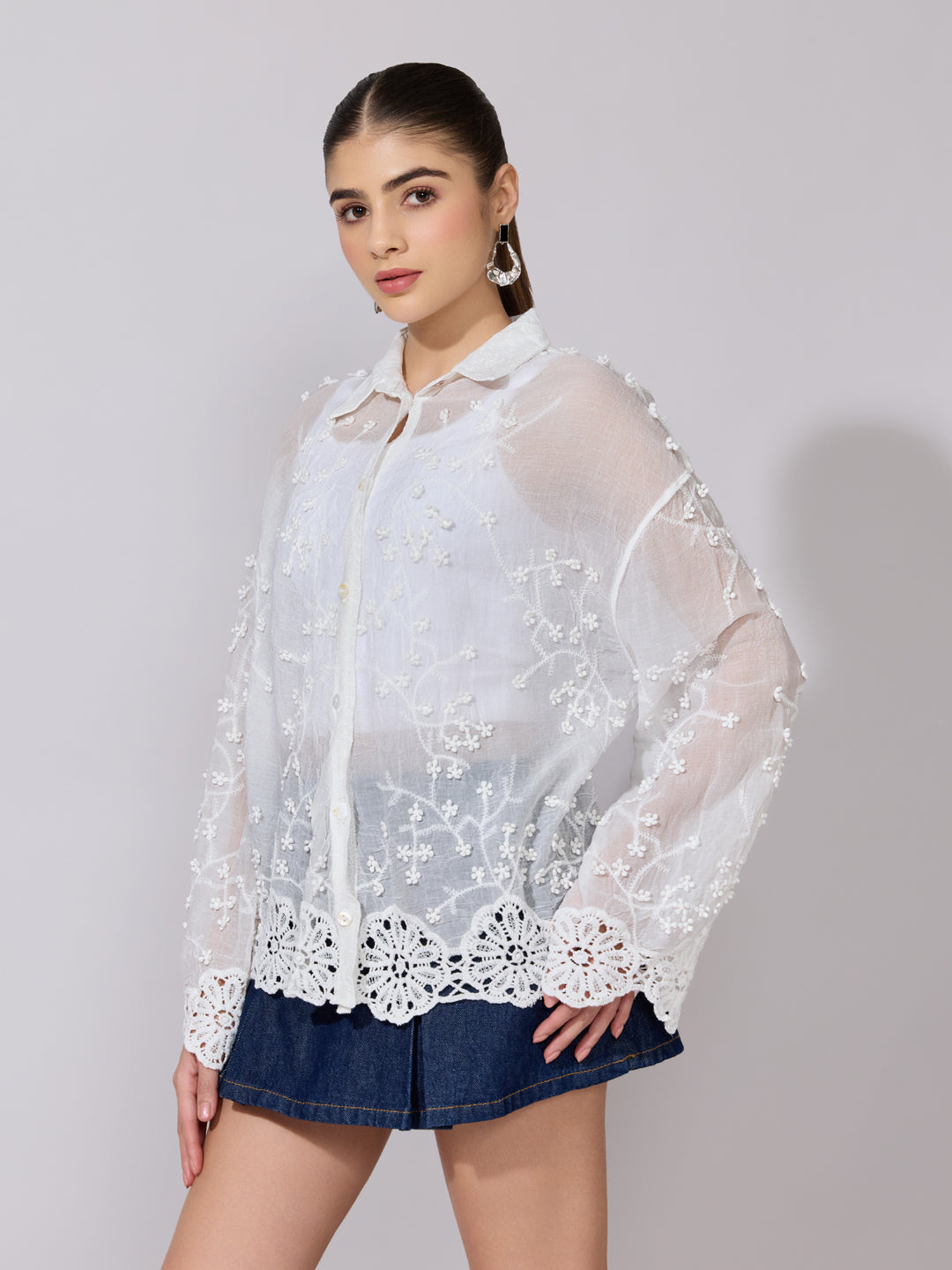 Women's Embroidered White Sheer Shirt