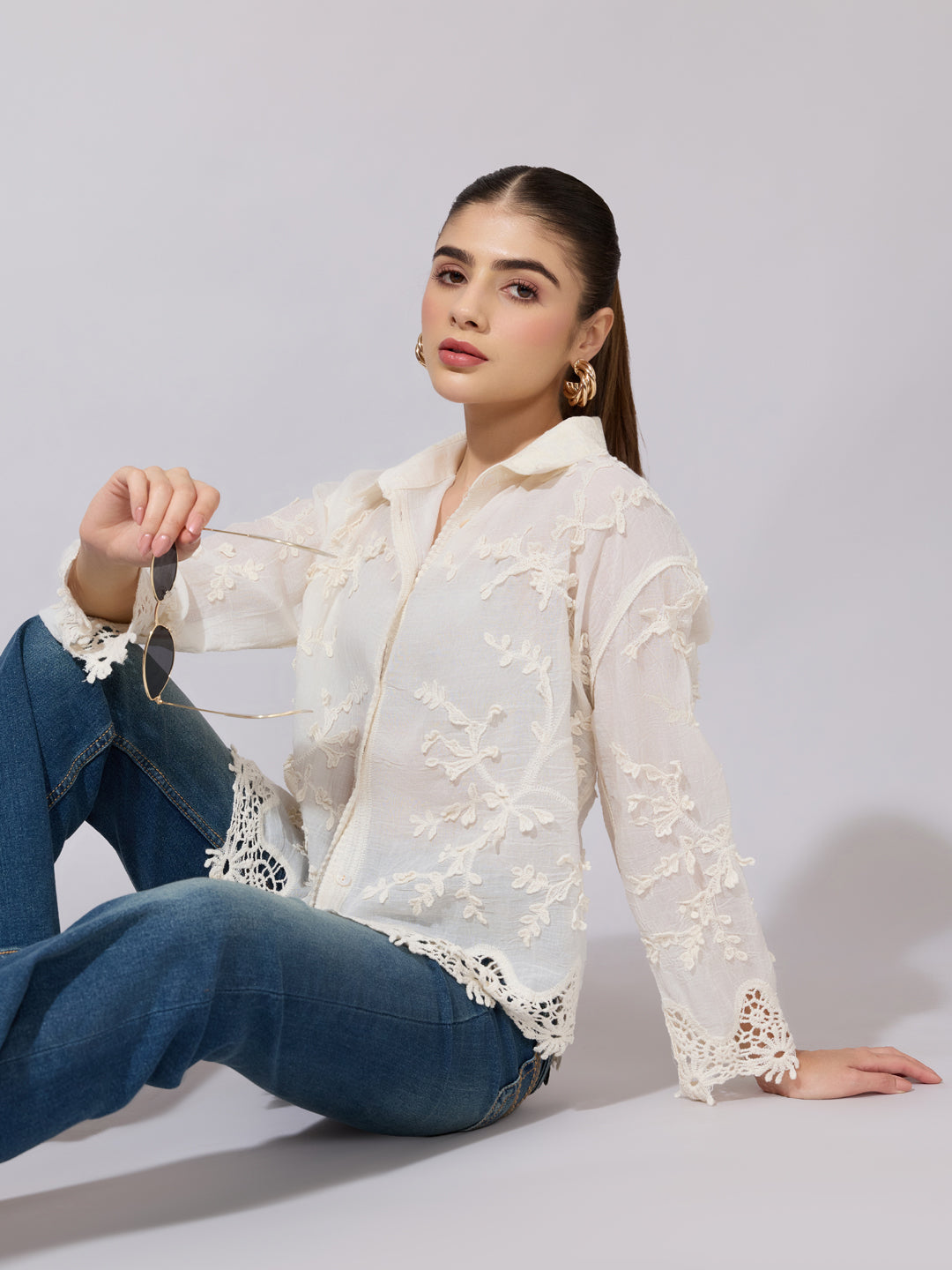 Women's Embroidered Cream Sheer Shirt with Lace Hem