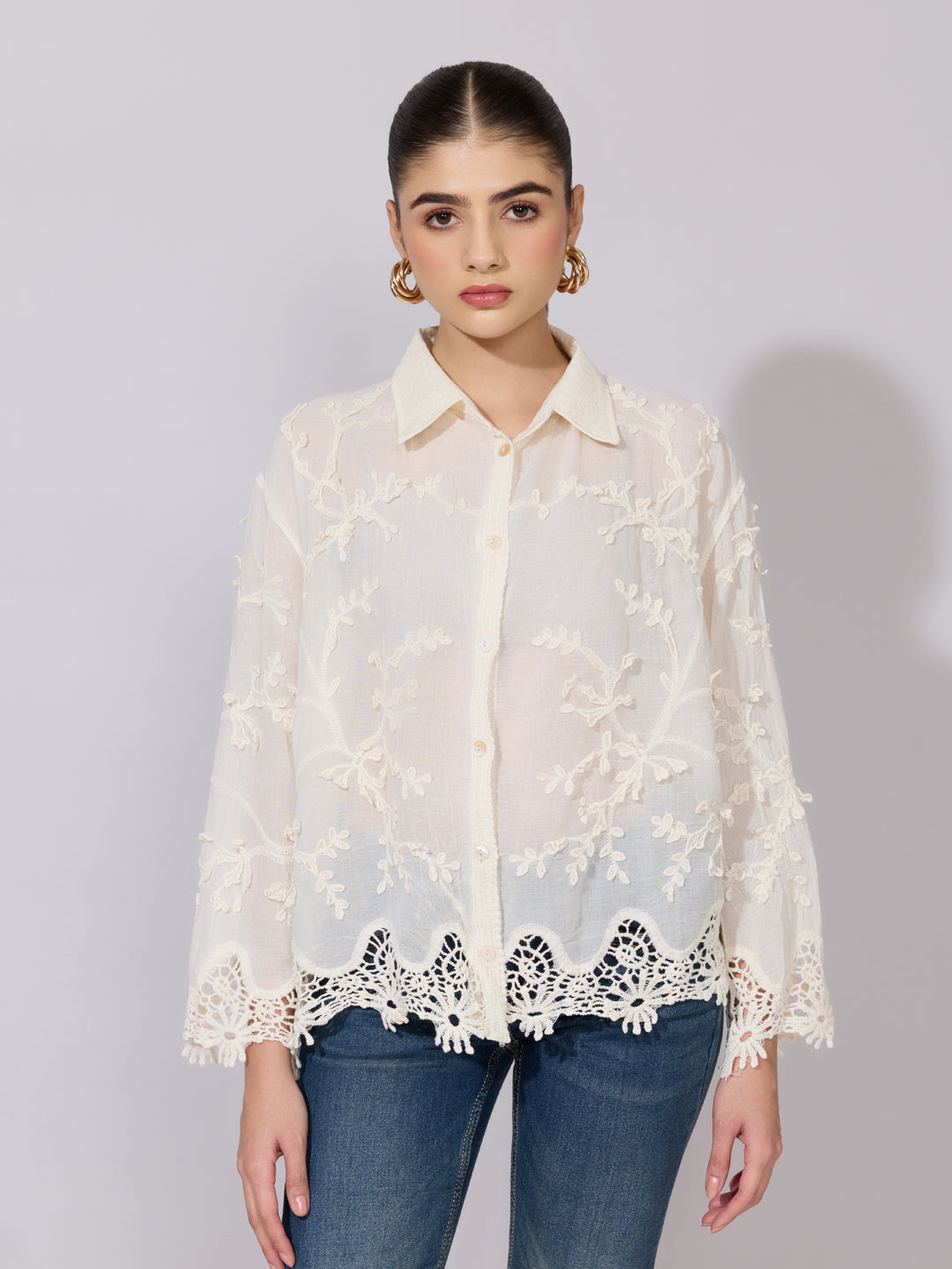 Women's Embroidered Cream Sheer Shirt with Lace Hem