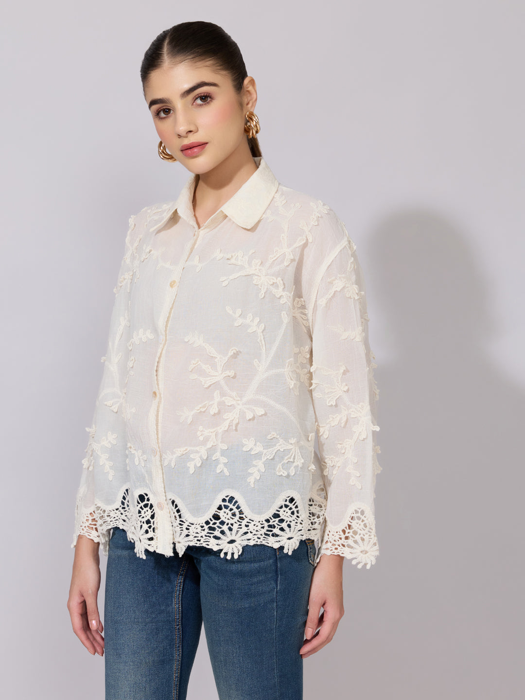 Women's Embroidered Cream Sheer Shirt with Lace Hem