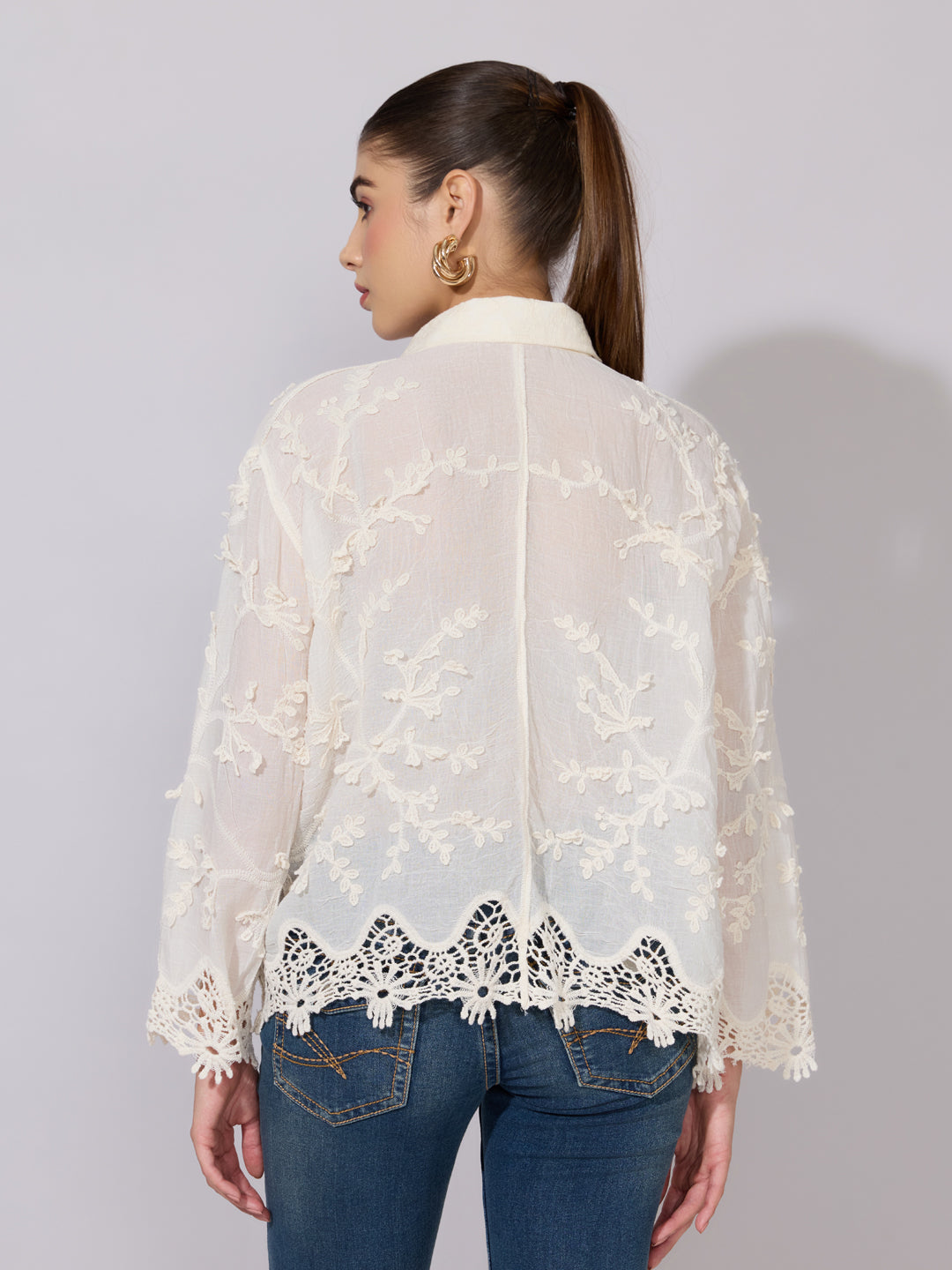 Women's Embroidered Cream Sheer Shirt with Lace Hem