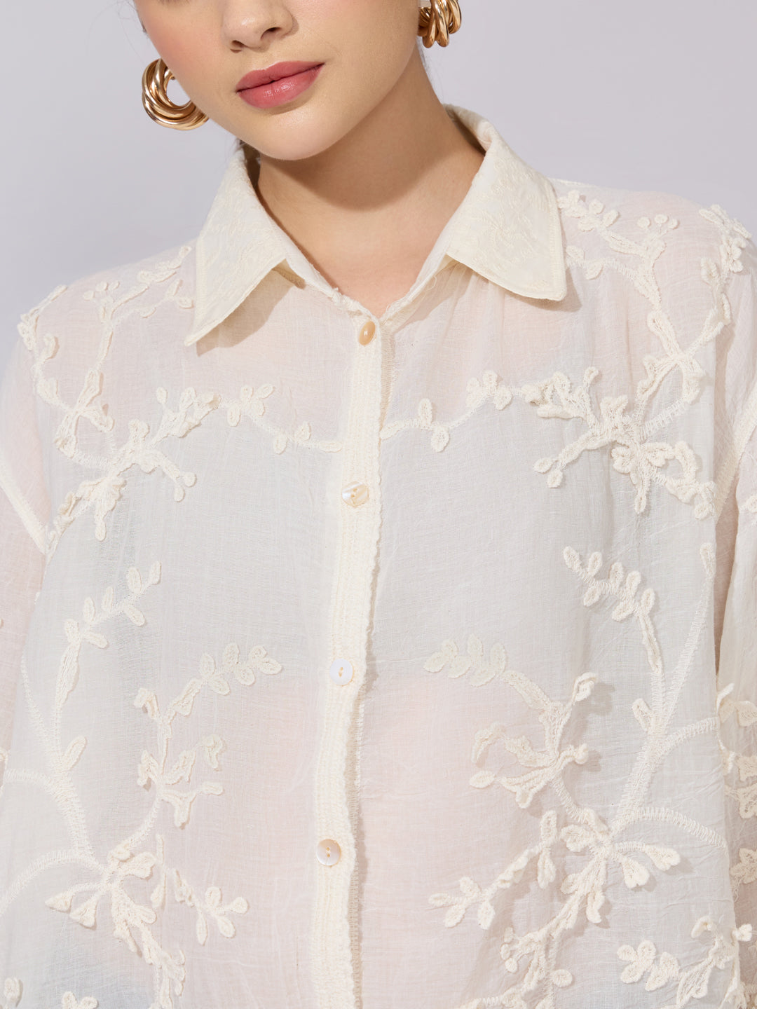 Women's Embroidered Cream Sheer Shirt with Lace Hem