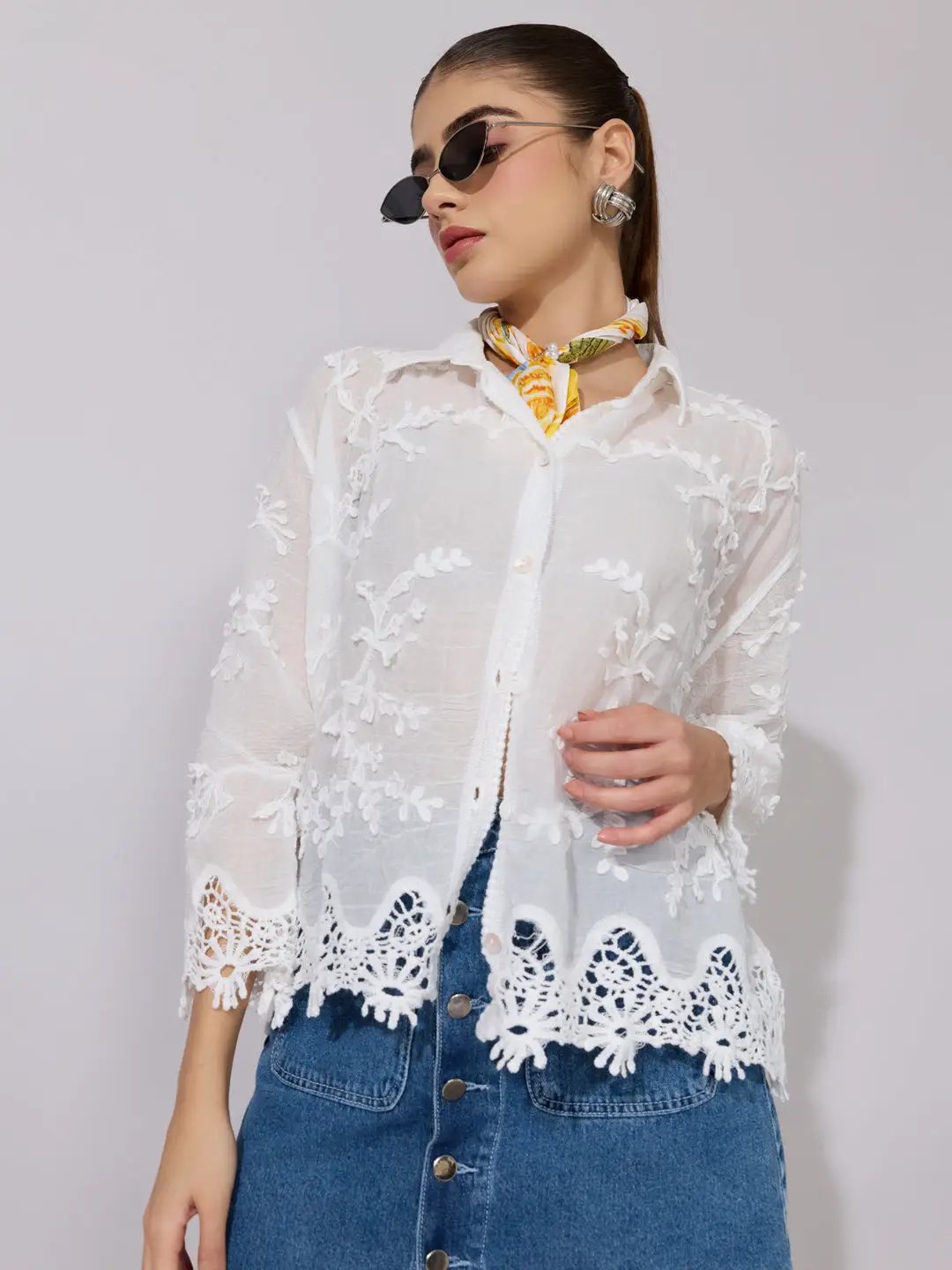 Women's Embroidered White Sheer Shirt with Lace Hem