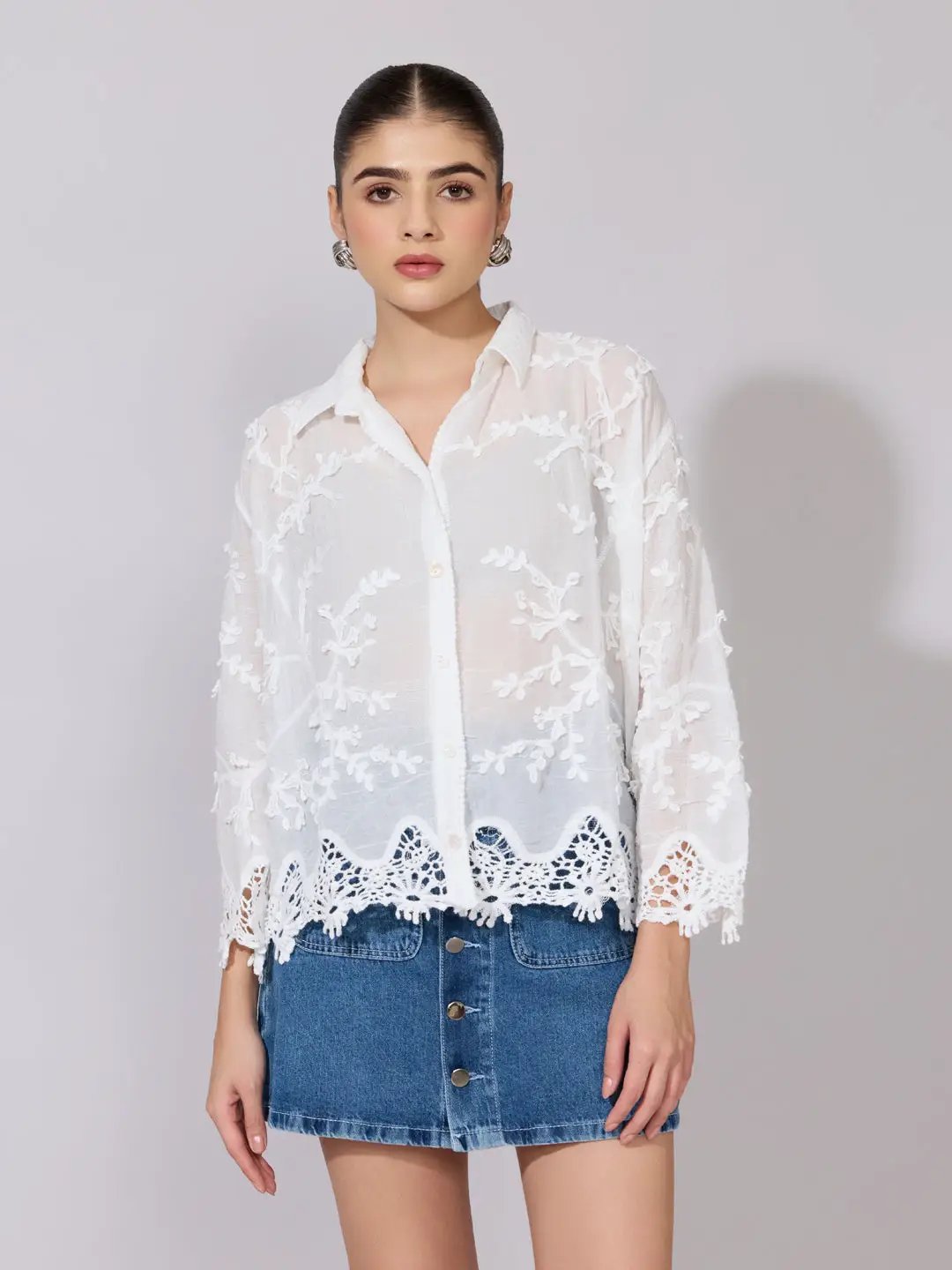 Women's Embroidered White Sheer Shirt with Lace Hem