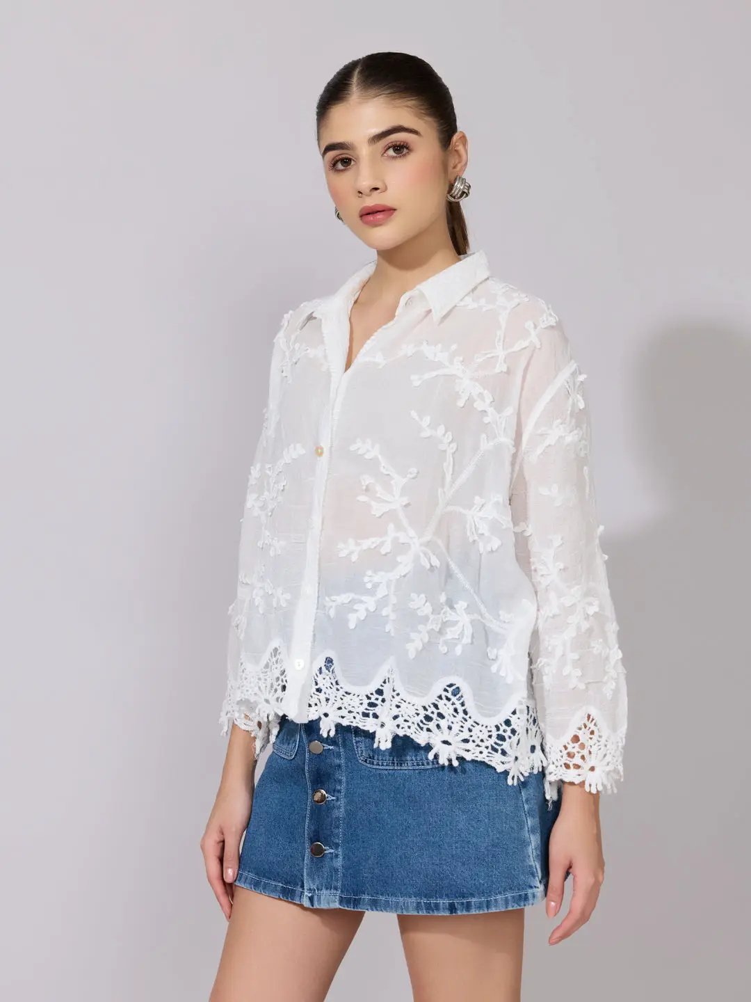 Women's Embroidered White Sheer Shirt with Lace Hem - from SHOWOFFFF