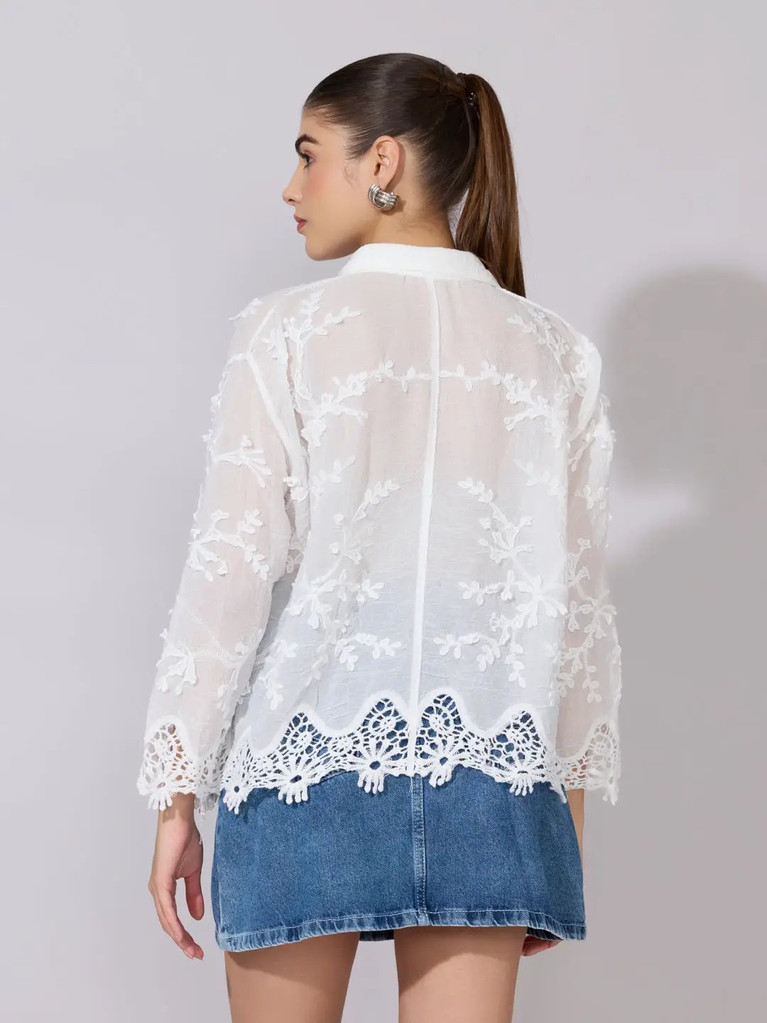 Women's Embroidered White Sheer Shirt with Lace Hem - from SHOWOFFFF