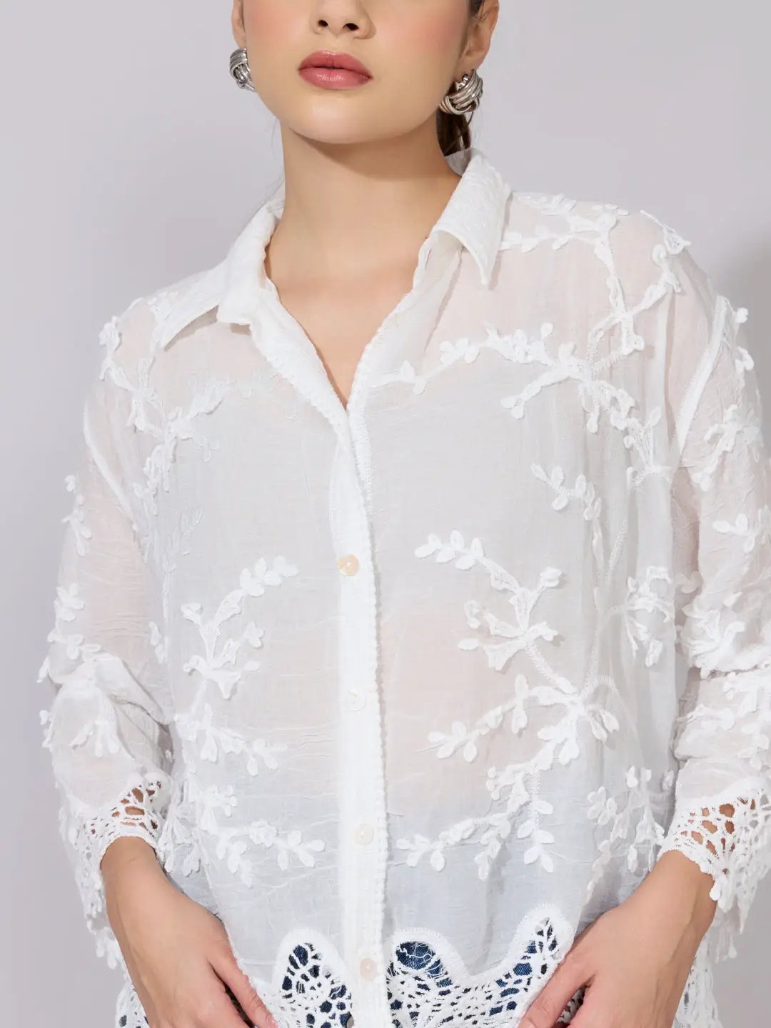 Women's Embroidered White Sheer Shirt with Lace Hem - from SHOWOFFFF