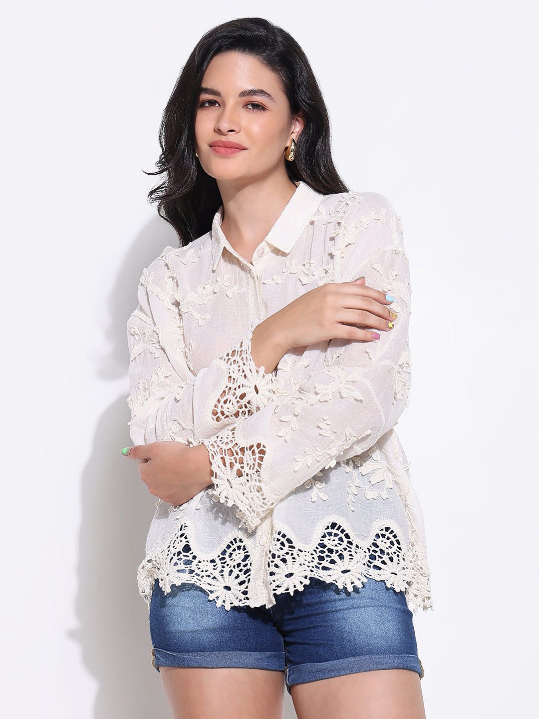 Women's Textured Cream Floral Lace Shirt