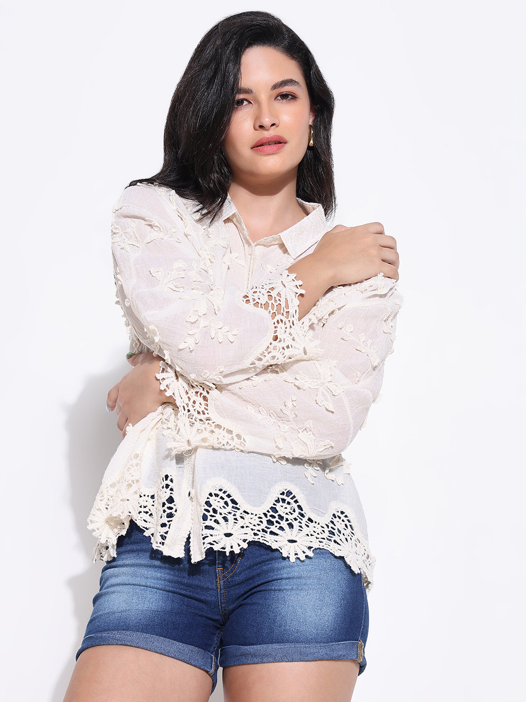 Women's Textured Cream Floral Lace Shirt