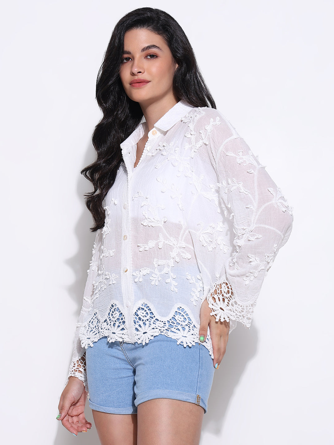 Women's Textured White Floral Lace Shirt