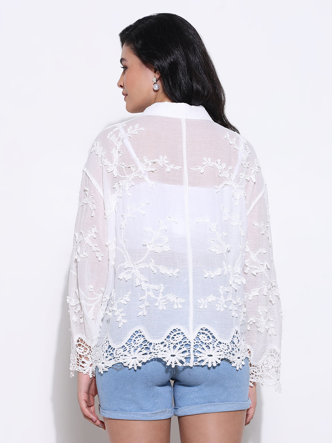 Women's Textured White Floral Lace Shirt
