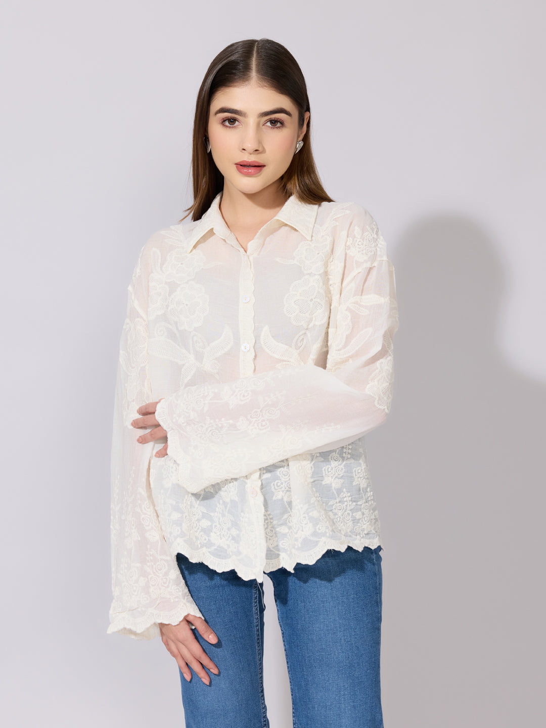 Women's Floral Embroidered Cream Sheer Shirt
