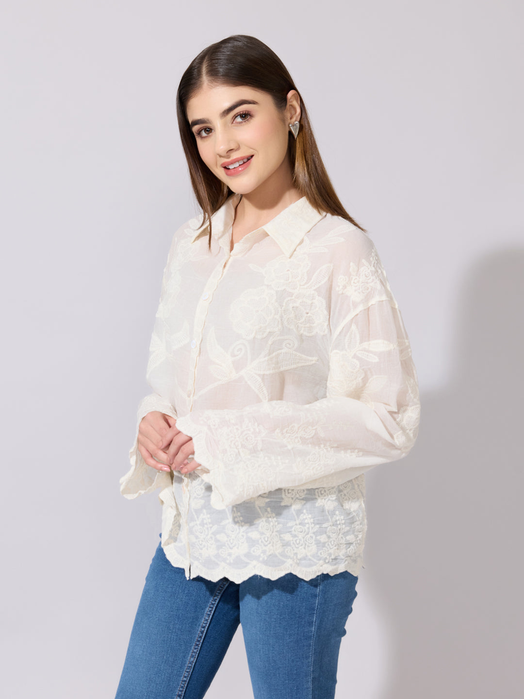 Women's Floral Embroidered Cream Sheer Shirt